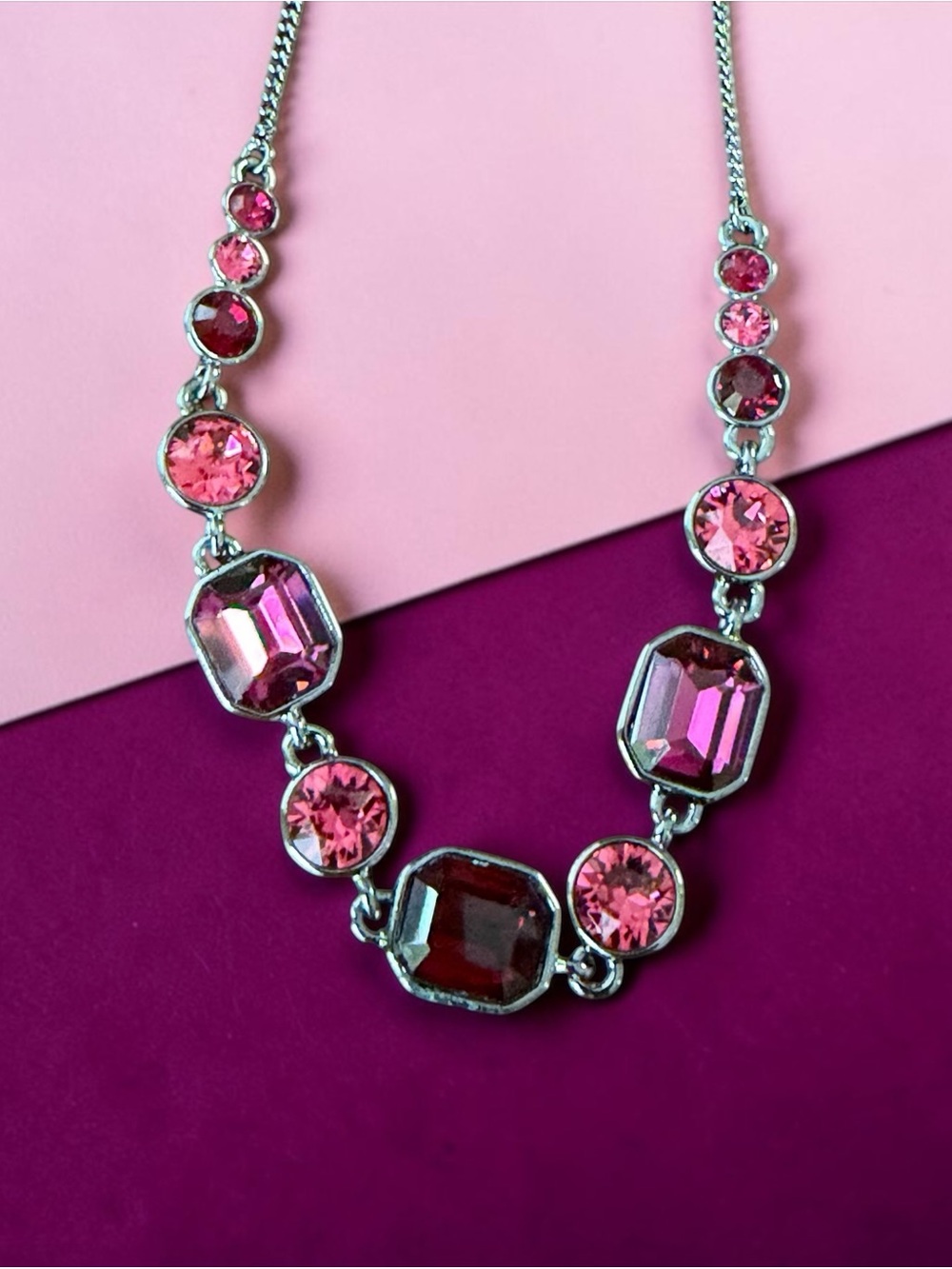 Vintage Givenchy Gunmetal Red & Pink Crystal Statement Necklace - Picture 4 of 10